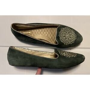 Birdies Heron Ballet Flats Green Velvet Gold Embroidered Womens 8.5 Slip On Shoe